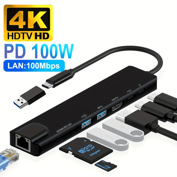 8 i 1 USB C HUB, USB C-adapter med 4K HDTV, 100W PD, USB C-port, USB 3.0, USB 2.0, RJ45 Ethernet, SD/TF-kortläsare, Dockningsstation kompatibel Black