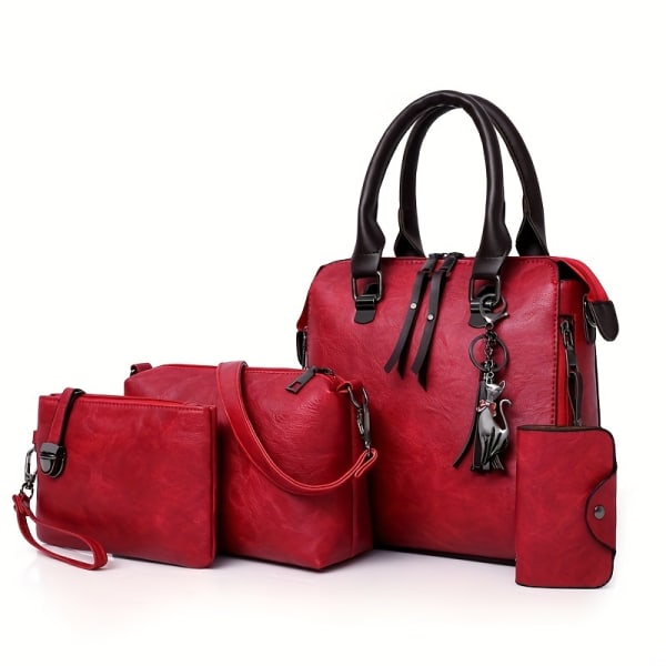 4st vintage handväskor set, tygväska för kvinnor med tofsdekor med crossbody-väska & clutchväska & korthållare Brown