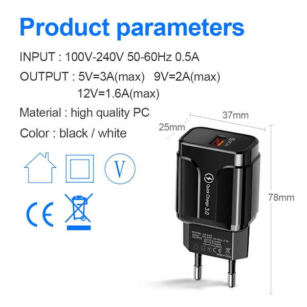 Snabbladdning 3.0 4.0 5V 3A Usb-Laddare För Xiaomi Samsung S20 Tabletter Universal Qc3.0 Snabbladdning Moblie Telefonladdare Black US Charger