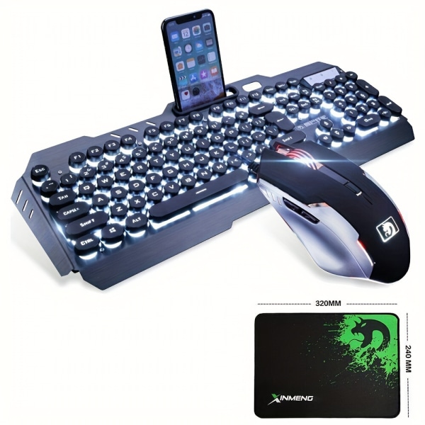 Teknik Tangentbord Mus Combo Gamer Wired Vit LED Bakgrundsbelyst Punk Keycap Gaming Tangentbord + 2400DPI 6-knapps mus för bärbar dator Black