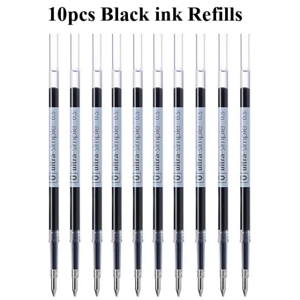 Infällbara gelpennor i rostfritt stål, metall kulspets rullboll 0,5 mm finspets svart blå stavar Sign Penna Slät skrivpresent 10pcs Black Refills