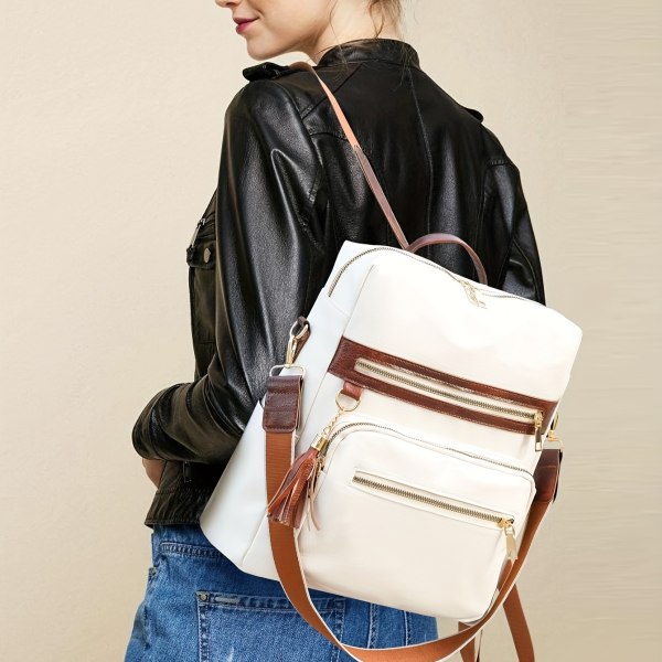 Vintage ryggsäck i enfärgad färg, ryggsäck för reseförvaring med klassisk textur, mångsidig dagsäck för kvinnor White