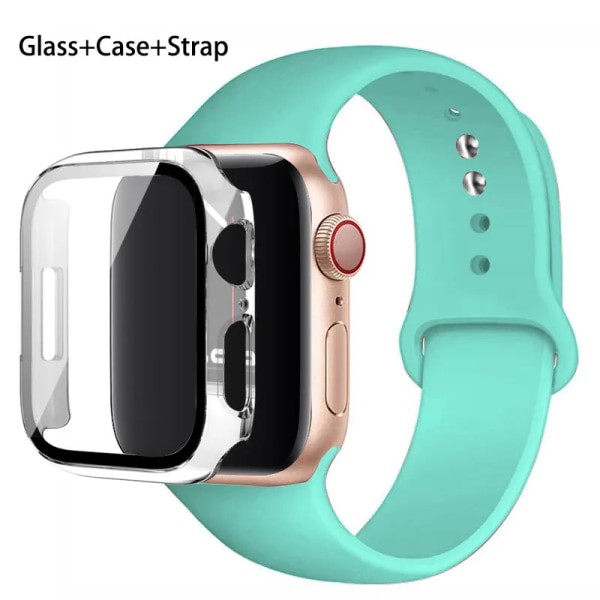 Glas+ Case+ Rem För Apple Watch -band 44mm 45mm 42mm 41mm 40mm 38mm Silikonarmband iWatch-serien 8 9 7 6 5 4 3 SE 50 Spearmint 42mm series 321