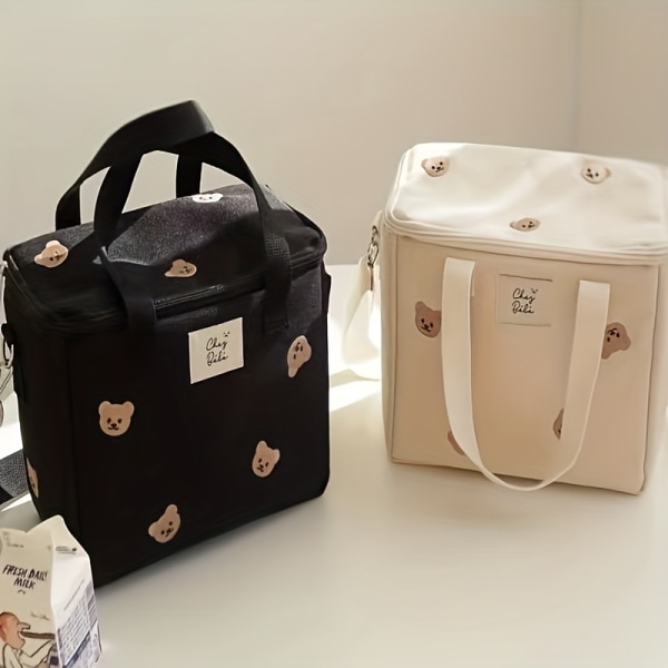 Kawaii Canvas Lunch Box Bag, Isolerad Go Out förvaringsväska, Bear Brodery Crossbody Bag för skolpicknick Black