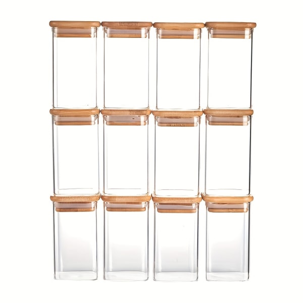 12 st set lufttät glas förvaringsbehållare med lock, klar matförvaringsbehållare burk med försegling av bambu lock för pastamjöl spannmål rissocker 12 Sets