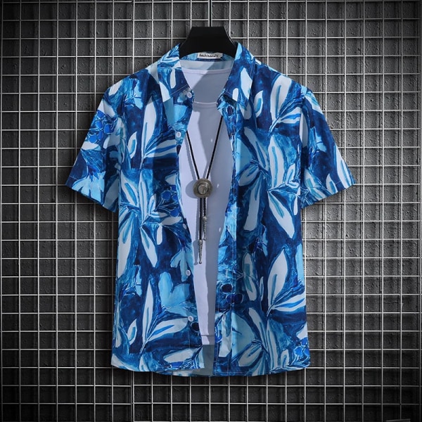 【14 färger】 Tropisk printed tröja för män unisex casual toppar C65  Blue 2XL-65-70kg