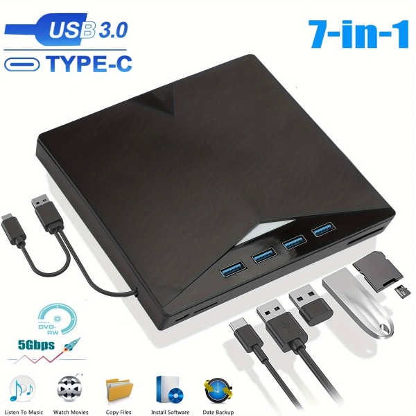 7-i-1 USB 3.0 Bärbar CD/DVD-enhet: Bränn, spela och kompatibel med bärbar dator/stationär/PC/Mac! Black