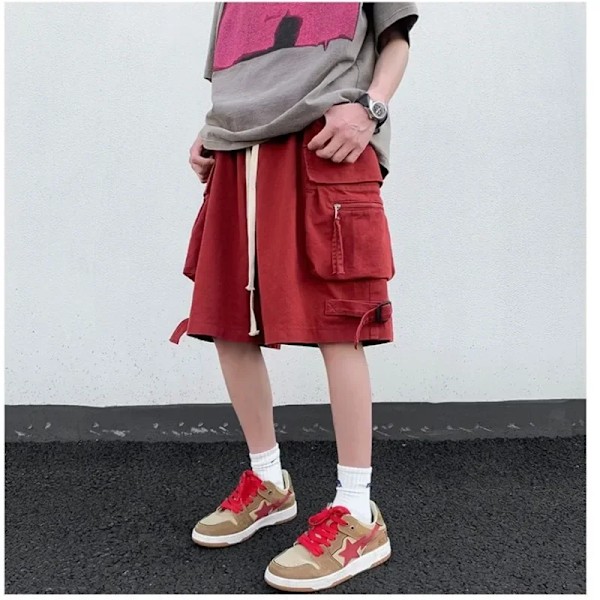 Hip Hop Amerikanska Style High Street Shorts Mäns Sommar Casual Functional Cross Kropp Mitt Mid Midja Baggy Byxor Red M