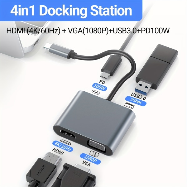 4k30Hz USB C Hub till HDMI VGA Multiport Adapter, 4-i-1 Hub USB 3.0 100w Power PD-port (Thunderbolt 3) För MacBook Pro/Air/ipad Pro grey