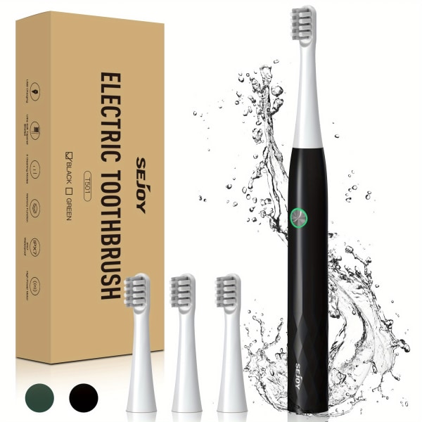 Sejoy Sonic uppladdningsbar tandborste - Vattentät elektrisk tandborste med smart timing och 7 ersättningsborsthuvuden - 5 lägen för optimal munvård T501-BLACK