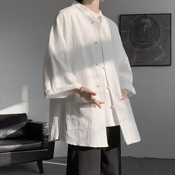 Kiinalainen tyyli keskipitkän hihan paita miehille kesä puuvilla ja pellava löysä Tang puku lyhythihainen uusi kiinalainen miesten pellavapusero White XL