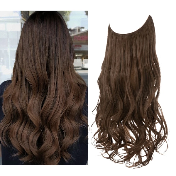 Syntetiska Ingen Clip Wave Hår Extensions Ombre Naturlig Svart Blond Rosa En Bit Falsk Hårpiece Fisk Linje Fake Hårstycken Medium Brown 22INCHES