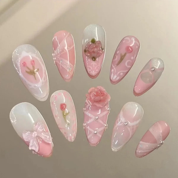 24 stk. Pink Almond Falske Negle Butterfly Ballet med Fransk Design Bærbar Falske Negle Enkle Kunstige Tryk på Negle Tips Kunst 21