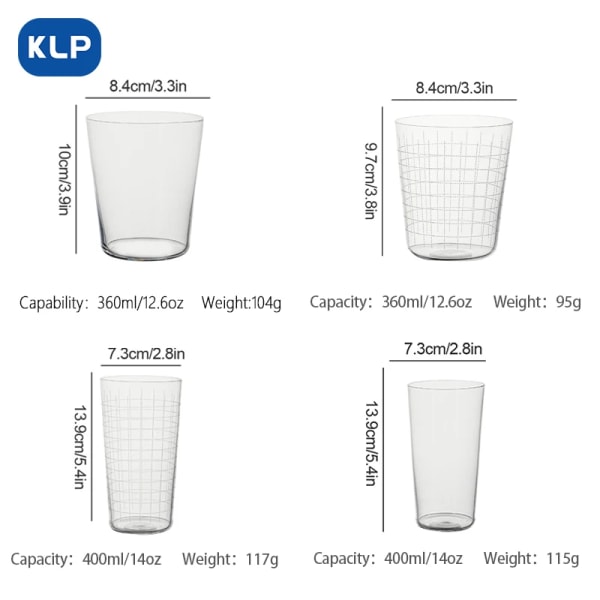 KLP 1 st blyfritt glasgraverat ultratunt lutande collins-kopp, enkel och klassisk stil, lämplig för dryck, drycker, B 07 301-400ml