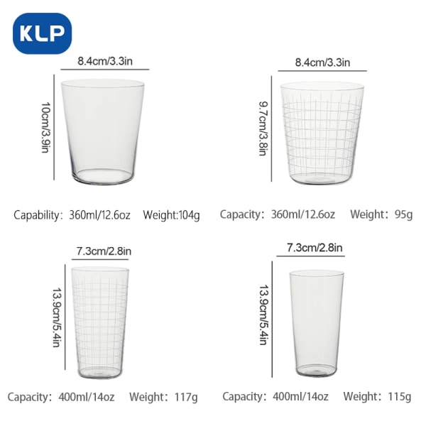 KLP 1 st blyfritt glasgraverat ultratunt lutande collins-kopp, enkel och klassisk stil, lämplig för dryck, drycker, E 13 301-400ml