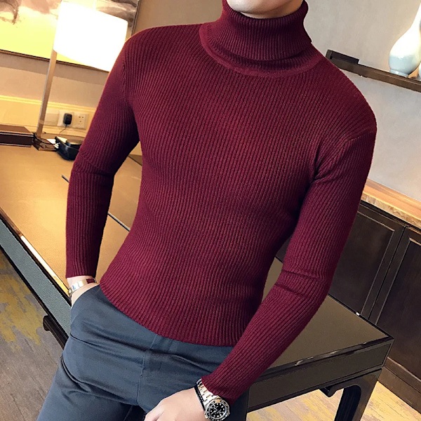 Mænd Turtleneck Trøjer Vinter Varm Strik Pullover Koreansk Bomuld Solid Farve Casual Slim Sweater Mand Tøj Bot Bott Trøje G03 Navy Asian XXL(60-85Kg)