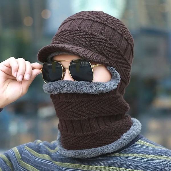 Vintermössa Skullies Beanies Hattar Vinter Beanies För Män Kvinnor Ull Halsduk Kappor Balaclava Mask Bonnet Stickad Hatt Brown1 One Size