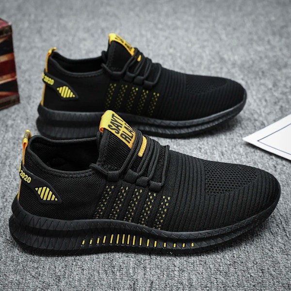 Åndbare Mænds Casual Sneakers Letvægt Udendørs Mænd Sneakers Anti-Slip Fleksible Mand Løb Sko Komfortan Tennis 2024. Black Yellow 42