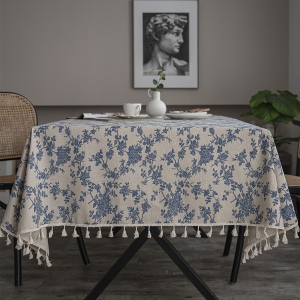 1 st Retro Blue Rose duk, rektangulär duk med beige fransar, lämplig för kök, picknick, buffébord, helgmiddag, fest 139.7cmW*101.6cmL