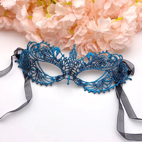 Masquerade Sexy Hollow Spets Ansiktsmask Kvinnor Flicka Kostym Nattklubb Queen Eye Mask Party Cosplay Prom Prop Fancy Klänning Supp Ljud Blue