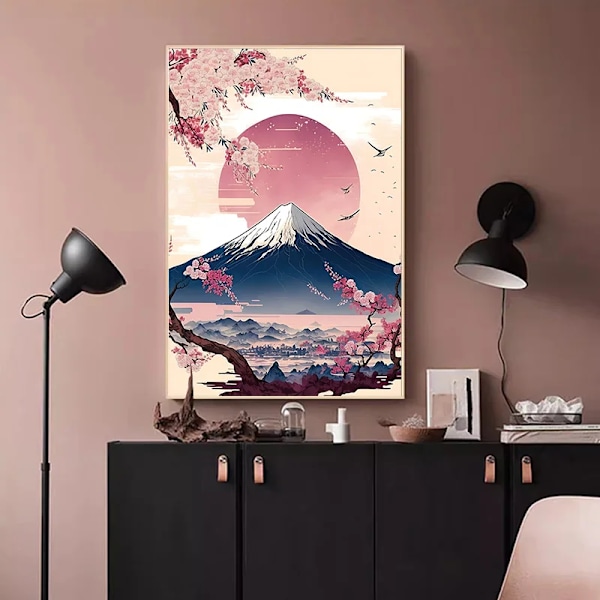 Japanska Körsbär Blossom Fuji Berg Sunset Tokyo Scenery Poster Hd Tryckt Canvas Målning Vägg Konst Bilder Rum Hem Inredning SKU-01 20x30cm No Framed