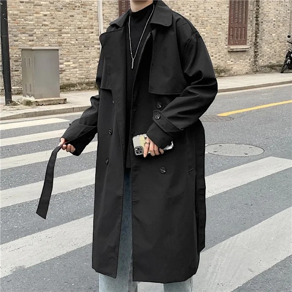 2023 Våren Höst Mäns Lös-Fit Trench Rock Stilfull Hong Kong Style Dubbelrade Knäppning Medelstor Överrocka black 3XL