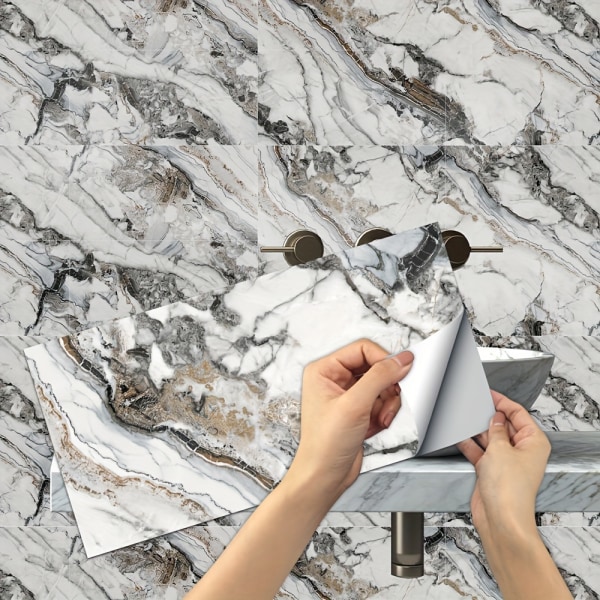 6st marmor keramiska plattor självhäftande väggdekaler, skala och sticka, vattentät vardagsrum kök backsplash badrum hem väggdekaler As Shown 15x30cmx6pcs