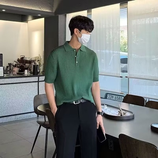 Let Lyx Polo Trøje Mænd Stribet Åndbar Strikket T-Shirt Lapel All-Match Solid Farve Let Firma Kort T-Shirt Med Ærme Green XL
