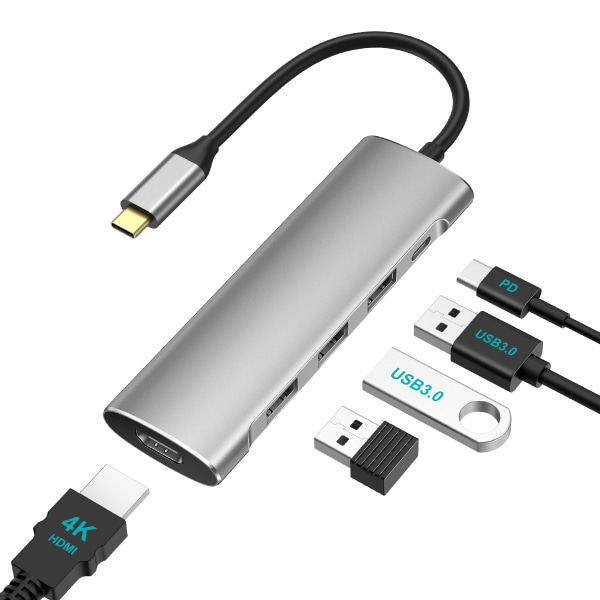USB C Hub, USB C Hub Multiport Adapter 5-i-1 USB C-dongel med 4K HDMI-utgång, 3* USB 3.0-portar, 1*PD-port, kompatibel med ångdäck och det mesta Gray