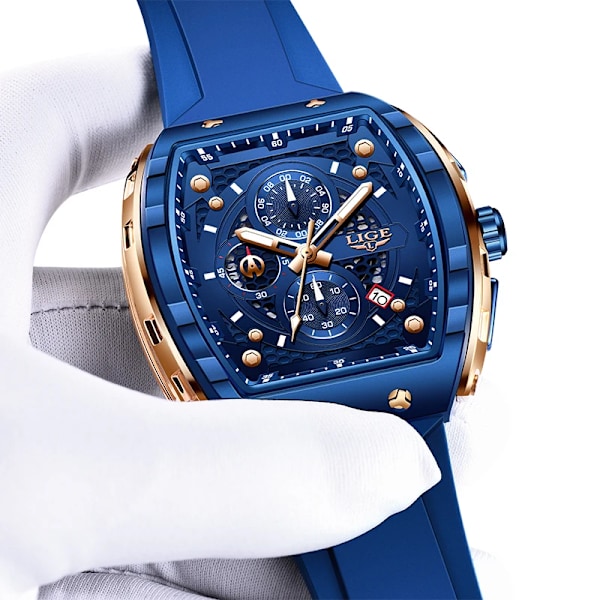 LIGE Outdoor Kvadratisk Casual Sport Kvarts Herre Ur Top Brand Luksus Ure Mode 50M Vandafvisende Automatisk Dato Silikon Chronograph Rose gold blue