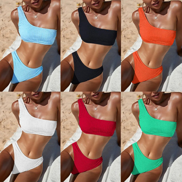 En axel-bikini texturerade badkläder Högskurna baddräkt solid baddräkt kvinnor brasiliansk mode 2023 WHITE S