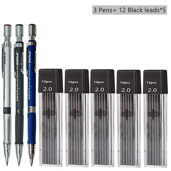 Mekanisk Pen Set 2.0 Mm Med 2B Sort / Farver Bly Påfyldning Til Skrivning Sketching Kunst Tegning Maleri Skole Automatisk Penneal Black Pencil set E