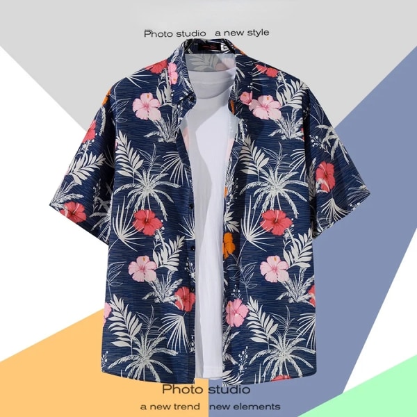 Män Gatumode Sommar Daglig skjorta Hawaiianskt tecknat print Casual lösa skjortor Kortärmade strand lösa toppar Khaki M