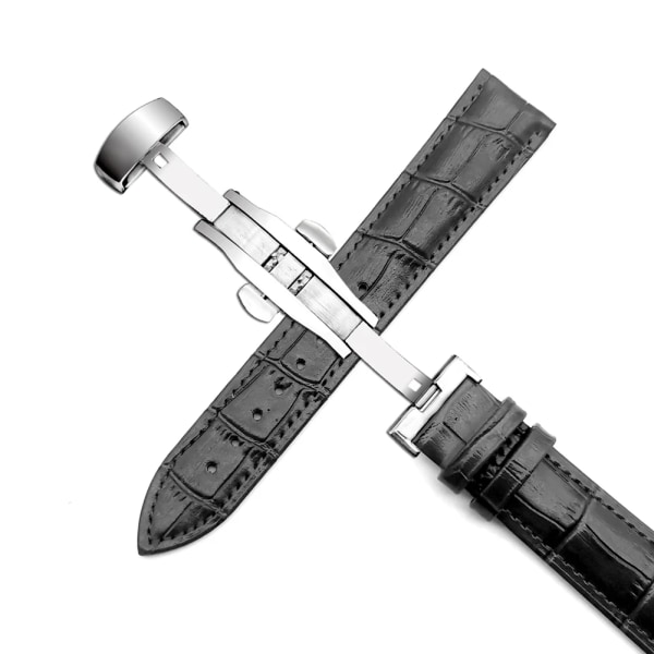 Klockarmband 14 mm 16 mm 18 mm 19 mm 20 mm 21 mm 22 mm 24 mm Armband i äkta läder Herr Universal Replacement Watch Band Watch Accessories Black Silver 24mm