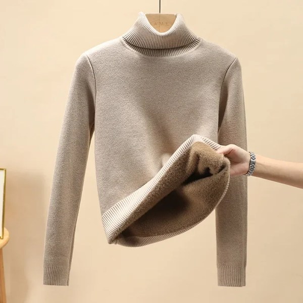 Turtlenick Tröja Kvinnor Toppar 2024 Fodrad Varm Tröja Stickade Pullover Toppar Hösten Vinter Streetwear Jersey Sticka Perre khaki One Size