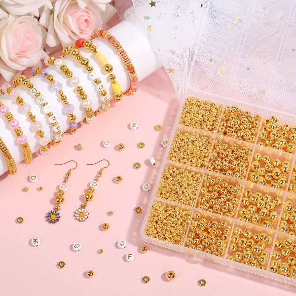 2160 bitar Golden Spacer Beads Set, Assorted Armband Beads Round Beads Star Beads Golden Beads For Armband (Golden , Slivery, Rose Golden ) 2240pcs