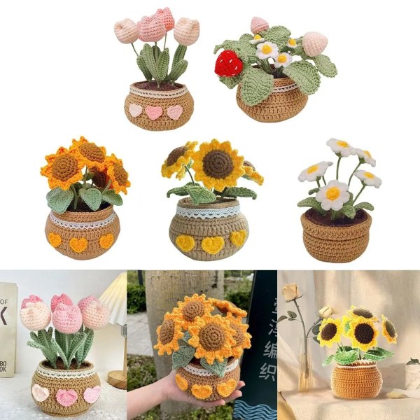 Handgjorda gör-det-själv tulpanblommor Växtkruka Virkad stickningssats för vuxna och barn Virkad startstickningssats Sunflower A potted