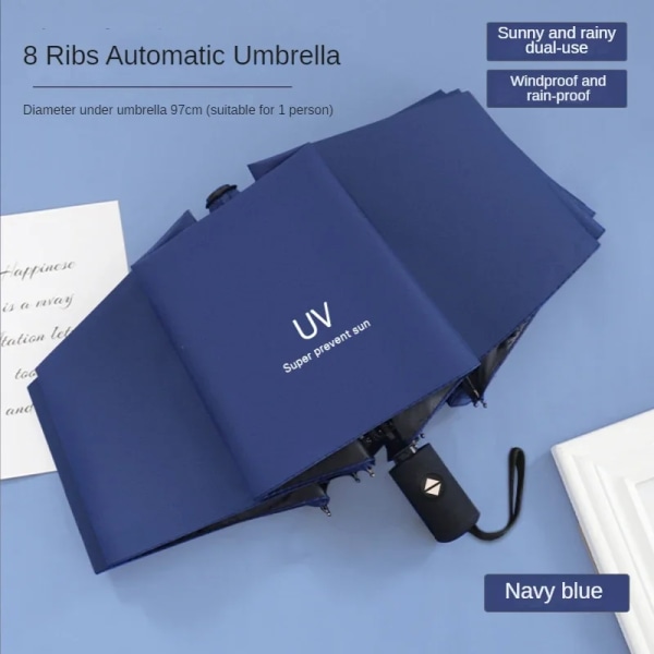 Mini Vikbart Automatiskt Paraply Anti UV Regn Paraply Mode Bärbart Vindtätt Ljus Kvinnor Män Barn Parasoll Paraply B 8 Ribs Navy Blue