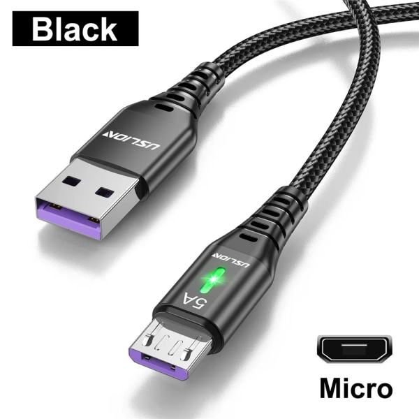 5A Micro USB -kabel Snabbladdning Mobiltelefon Micro USB -kabel för Xiaomi Android LED-belysning USB -laddardatakabel Black For Micro 1m