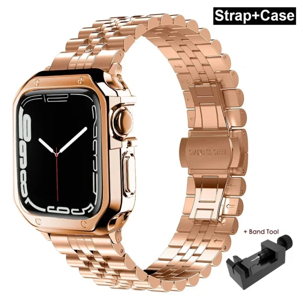 Case för Apple Watch i rostfritt stål för Apple Watch 38 mm 42 mm 40 mm 44 mm 41 mm 45 mm metallband för iWatch Series9 8 7 6 SE 5 4 3 2 1 Correa Rose Gold Set 49mm-For ultra 2 1