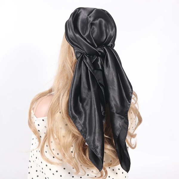 Ensfarvet Hovedtørklæde Blcak Square 90 * 90 Silke Foulard Satin Bandana Cheveux Tørklæde Hijab Tilbehør Til Kvinder Hår Tørklæde CH017 90x90cm