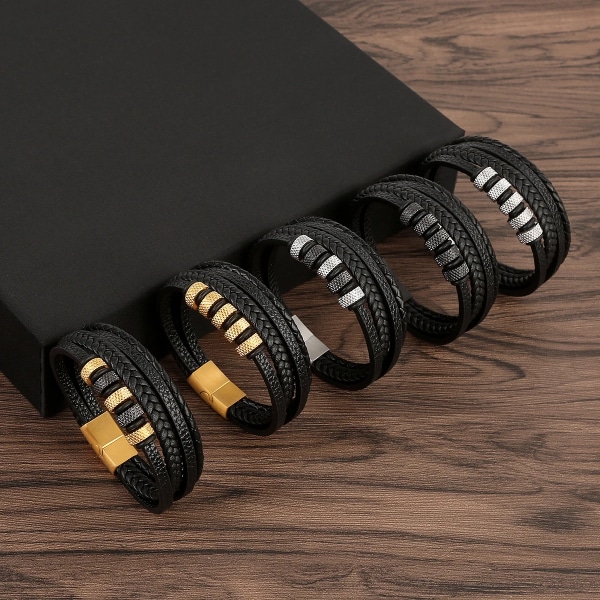 Ny design Flerlagers handvävda armband och armband i äkta läder Herrlegering Mode Armband Presenter L-obsidian black 19cm long