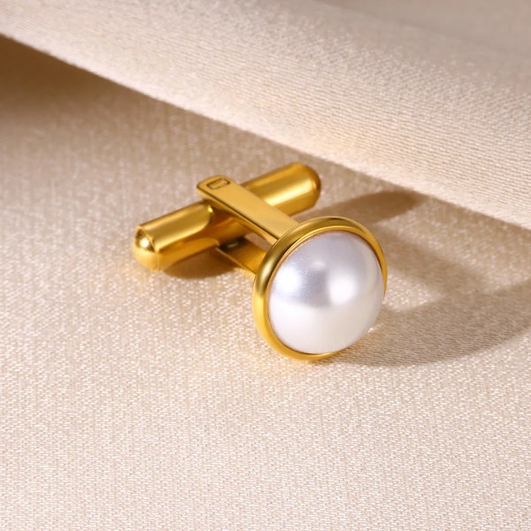 One Bit Imitation Pearl Manschettlänk Män Guld Färg Rostfritt Stål Bröllop Smycken Tröja Blazer Manschetknapp Clip Gent En Gåvar C003P One Piece