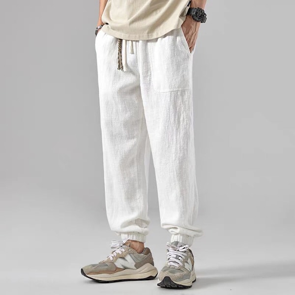 Mäns Linne Byxor 2024 Ny Vår / Sommar Knipad Casual Byxor Loose Linn Beskärade Sport Cargo Herrbyxor White L