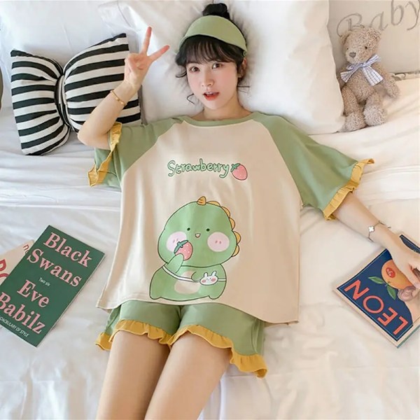 2 kpl/setti pyjamaa naisille lyhythihainen versio opiskelijat suuri prinsessa tyyli mansikat dinosaurus kawaii söpö kotiasu Green 2XL