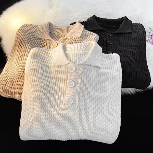Efterår og vinter polo krave sweater mænds løs Hong Kong stil trendy all-match langærmet top fritid pullover k ny White XL