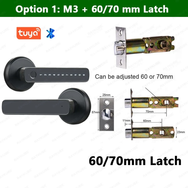 M3 Tuya BLE Digitalt Fingeravtryck Dörrlås Elektroniskt lås med 60/70 mm spärrnycklar Smartlife/Tuya APP Fjärrupplåsning M3 with Latch