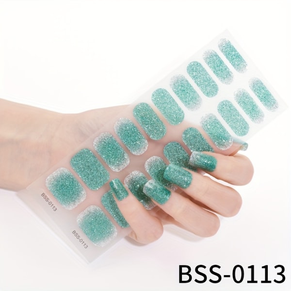 Halvhärdade Gel Nail Stirps, Långvarig & Salongkvalitet, Lätt att applicera och ta bort, Inkluderar nagelfil och träpinnar, Gradient och Glitter Design BSS-0110 Glitter Blue