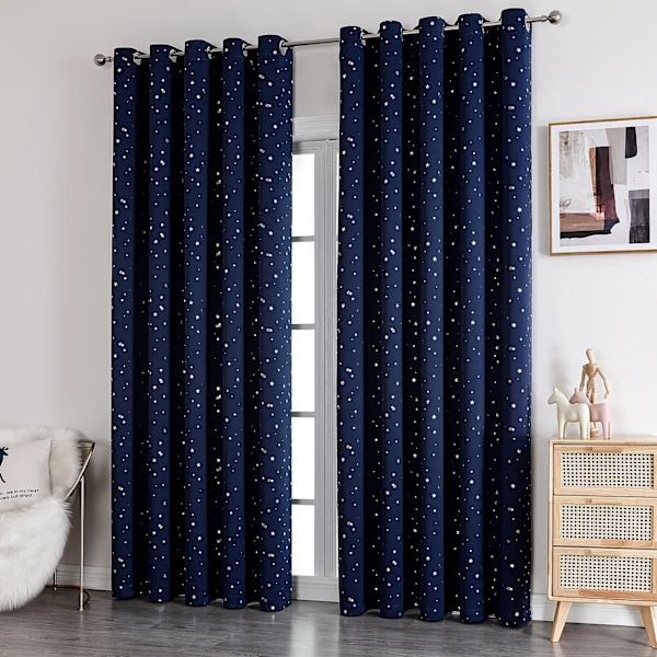 Børnehave Gardiner Blackout Med Stjerner Grommet Top Til Soveværelse Stue Vindue Gardinerne Draper Navy blue-1Panel 100X130cm