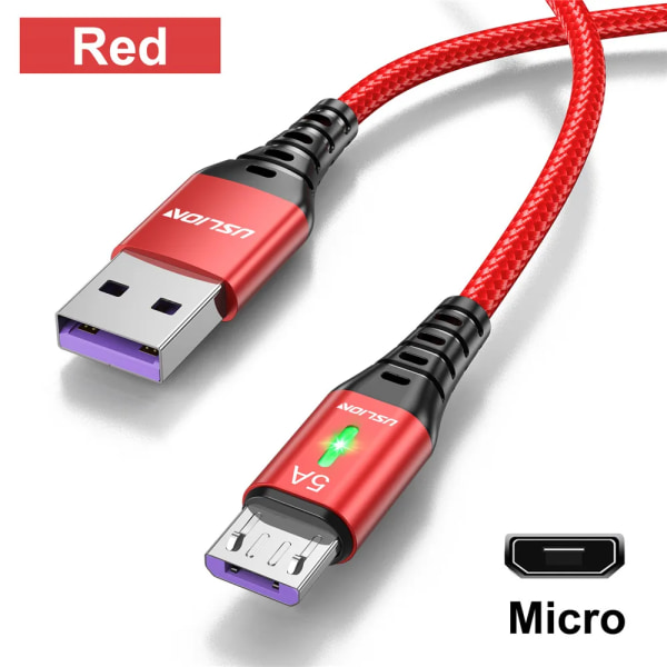 5A Micro USB -kabel Snabbladdning Mobiltelefon Micro USB -kabel för Xiaomi Android LED-belysning USB -laddardatakabel Red For Micro 0.3m